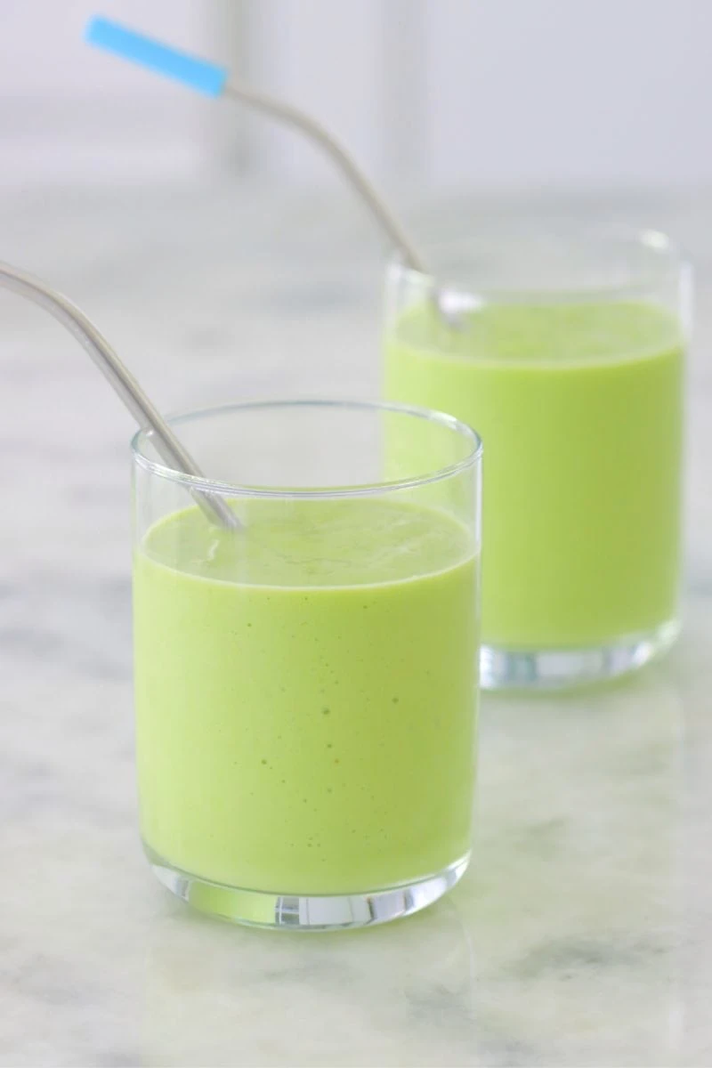 Green Smoothie for kids made with yogurt, avocado, banana, pineapple and mango. 