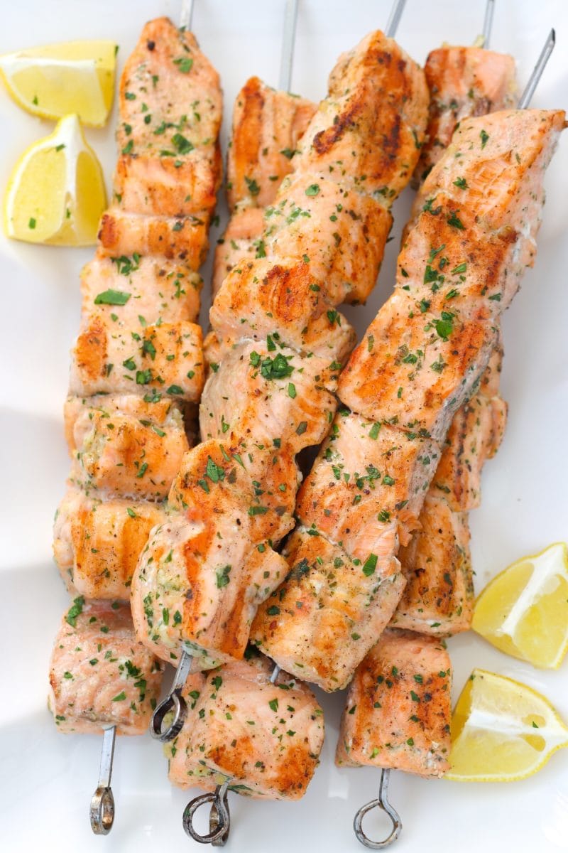 Grilled Salmon Kabobs with lemon, garlic and herbs
