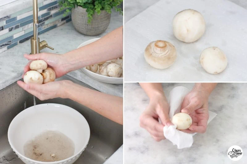 How to clean mushrooms
Washing mushrooms in water, mushrooms draining on a paper towel, cleaning mushrooms with a paper towel. 