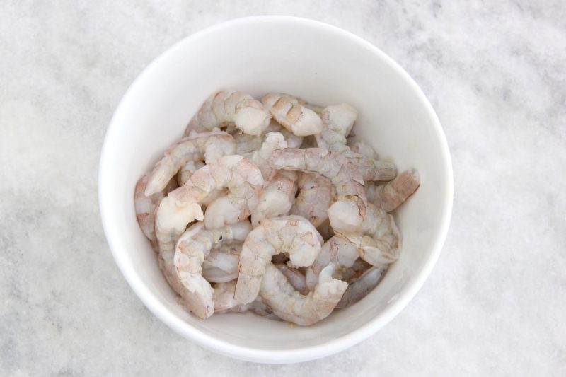 Raw shrimp in a bowl for shrimp chowder