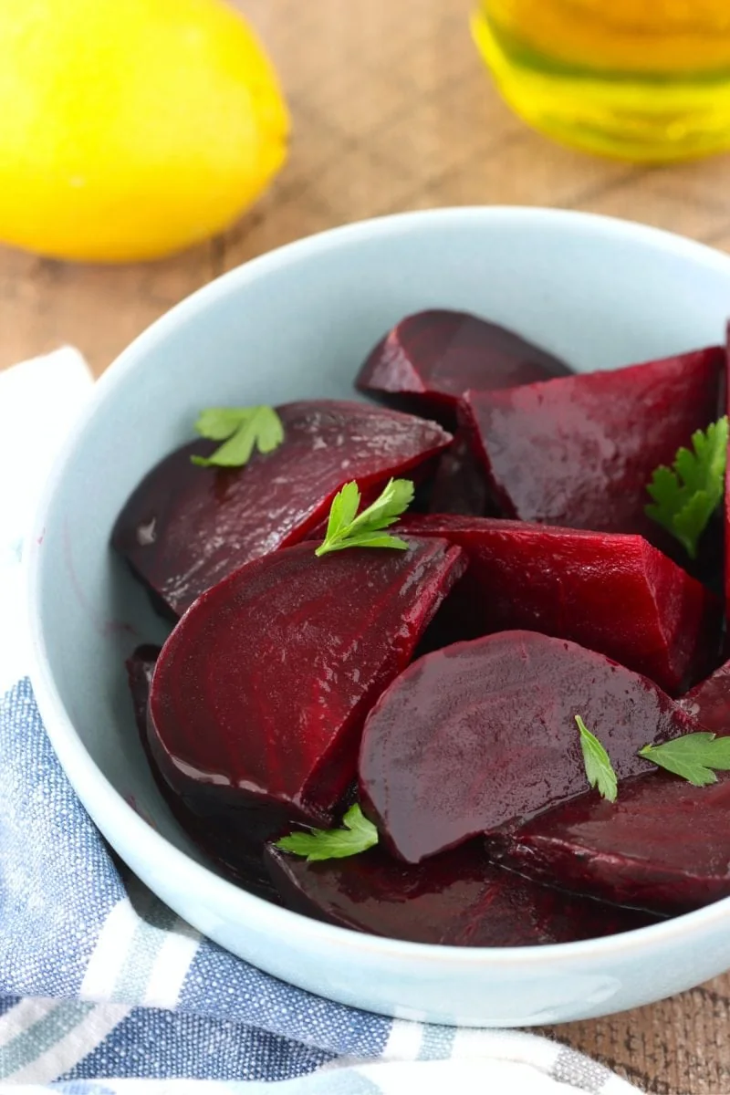Roasted beets with olive oil, salt, pepper, lemon juice and parsley. 