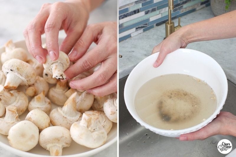 Should you wash mushrooms? 
Fresh mushrooms before washing them and a bowl of dirty water after washing mushrooms