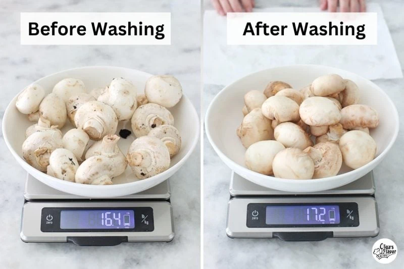 Should you wash mushrooms? 
Mushrooms on a plate on a scale before and after washing them in water. 