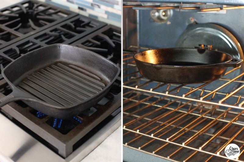 Seasoning cast iron pans on the stove and in the oven