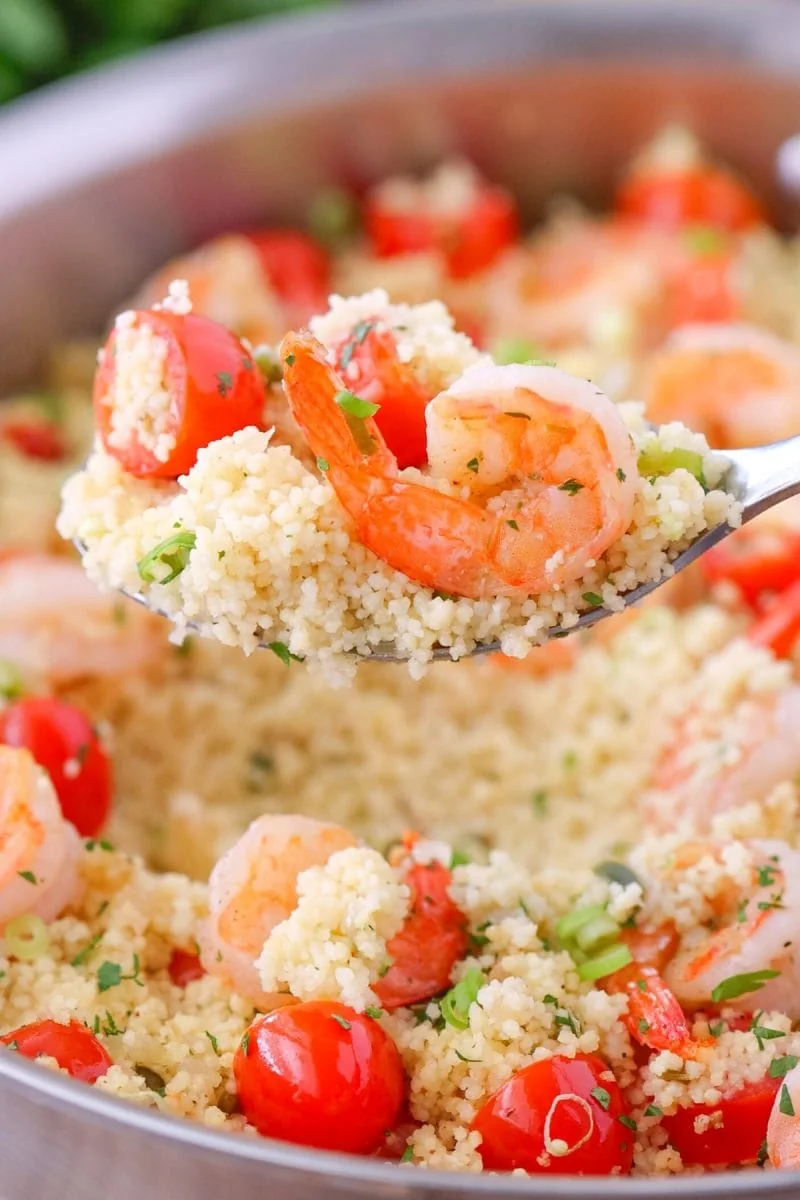 Shrimp Couscous with tomatoes, onion, jalapeno and fresh herbs