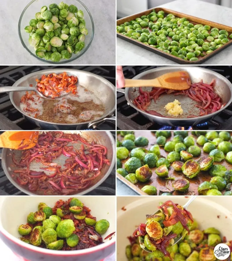 How to make roasted brussels sprouts with bacon, red onion and balsamic vinegar