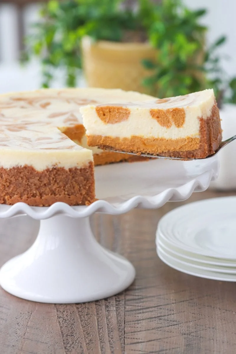 Pumpkin Swirl Cheesecake 
Pumpkin cheesecake on a cake stand
slice of pumpkin cheesecake