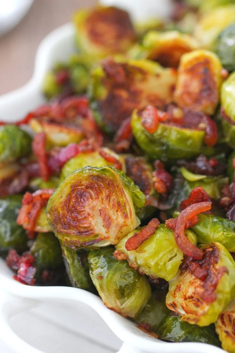 Roasted Brussels Sprouts with Bacon, red onion, garlic and balsamic vinegar. 