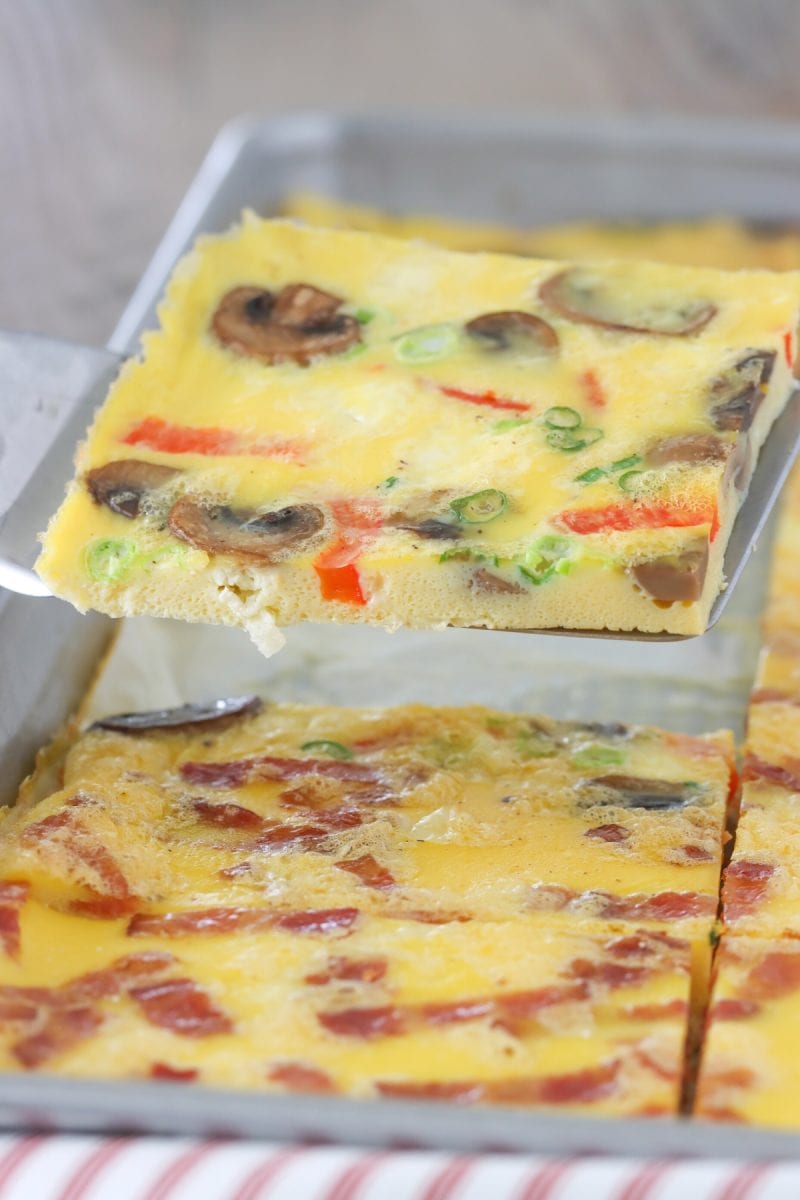 Sheet Pan Eggs with mushrooms, peppers, green onions and feta cheese