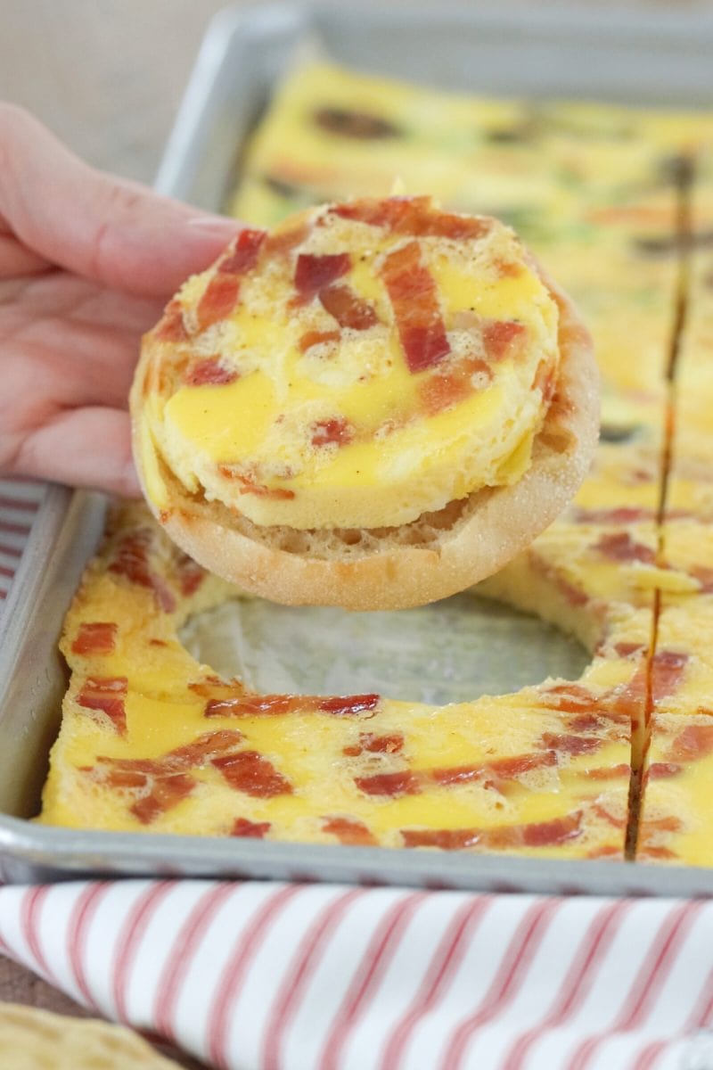English muffin breakfast sandwiches with sheet pan eggs and bacon