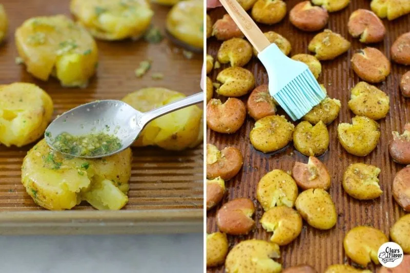Adding garlic and herbs to roasted smashed potatoes. 