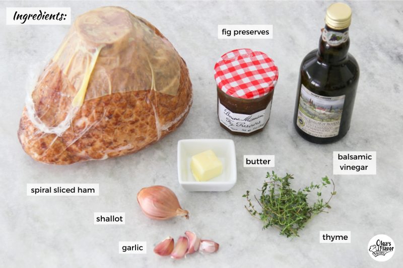 Ingredients for spiral sliced ham with a fig glaze