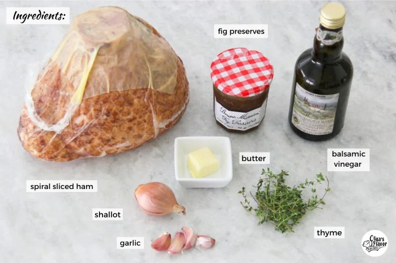 Ingredients for spiral sliced ham with a fig glaze