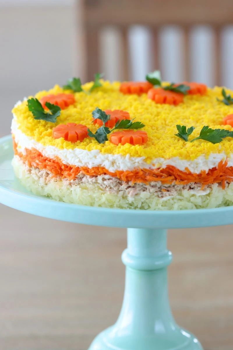 Mimosa Salad, a Layered Tuna Salad with potatoes, carrots and eggs