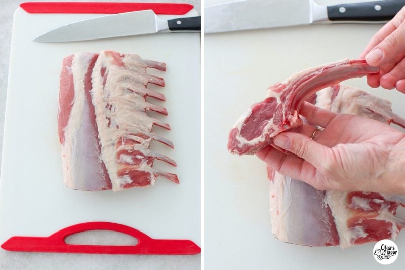 lamb chops for grilling
cutting a rack of lamb into lamb chops