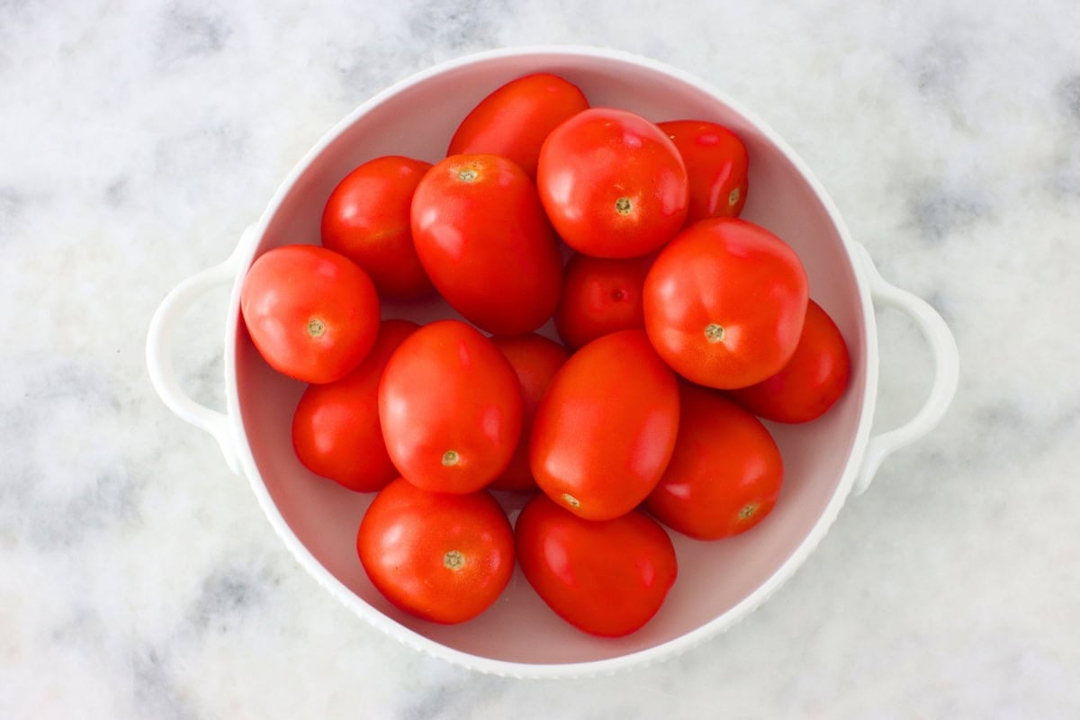 Roma tomatoes (for Shakshuka) in a serving bowl. 