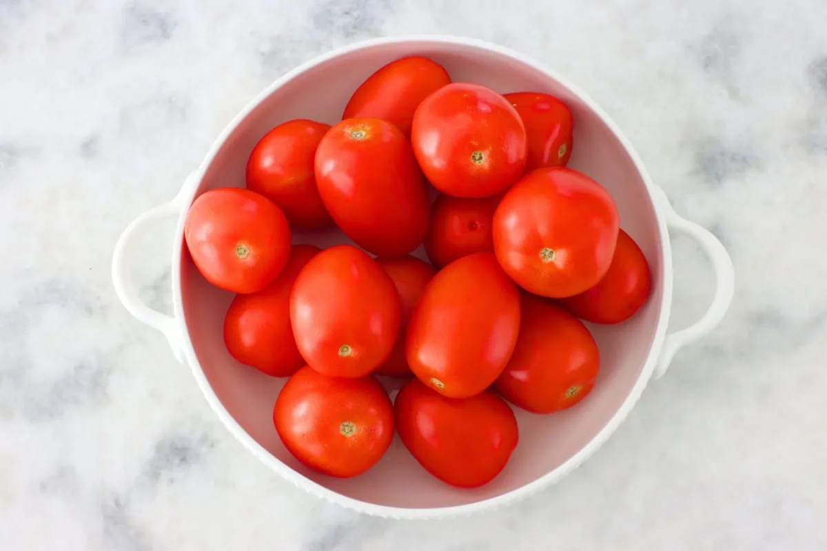 Roma tomatoes (for Shakshuka) in a serving bowl. 