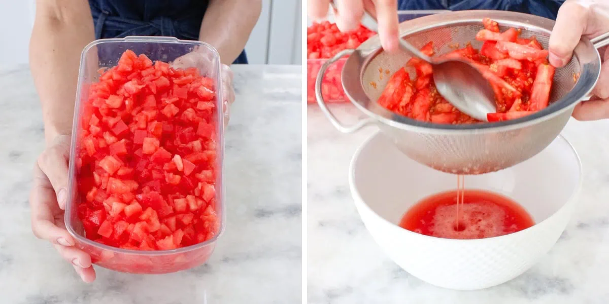 Chopped fresh tomatoes in a chopping tool, then tomatoes seeds in a sieve to save the juice. 