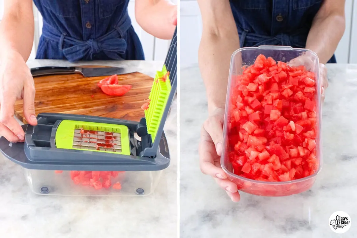 Chopping tool used to chop fresh tomatoes. 